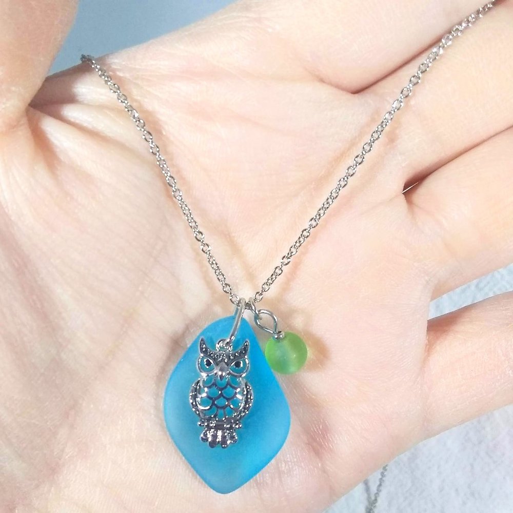 Sea Glass Owl Necklace Blue Green Silver 18 Inch